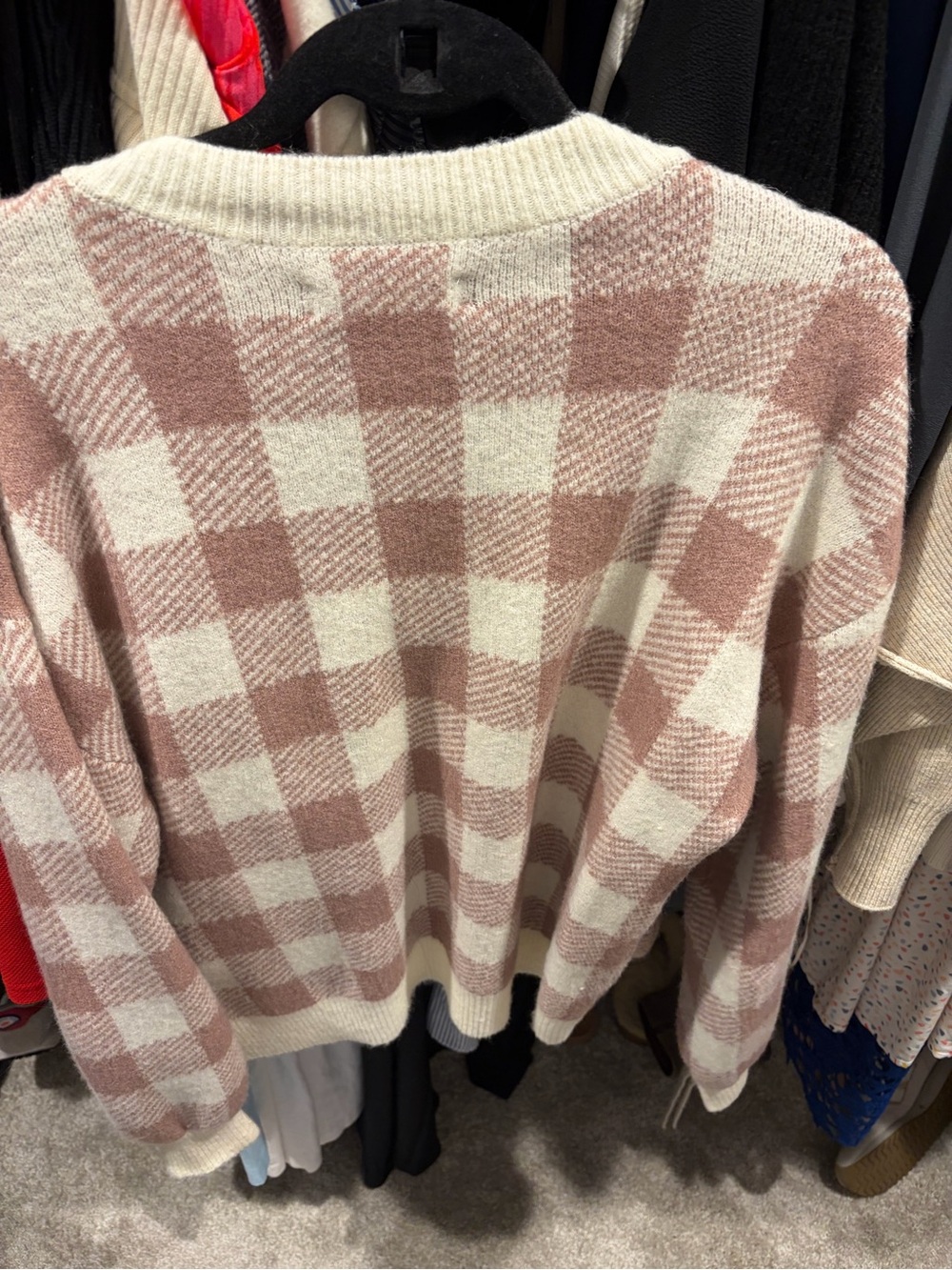 LOFT Cream and Dusty Pink Check Crewneck Sweater
